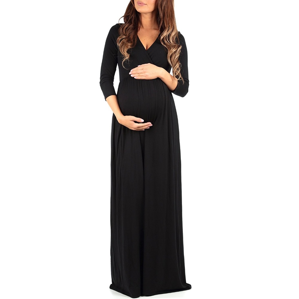 Women's Ruched Black Wraped Maternity Dress